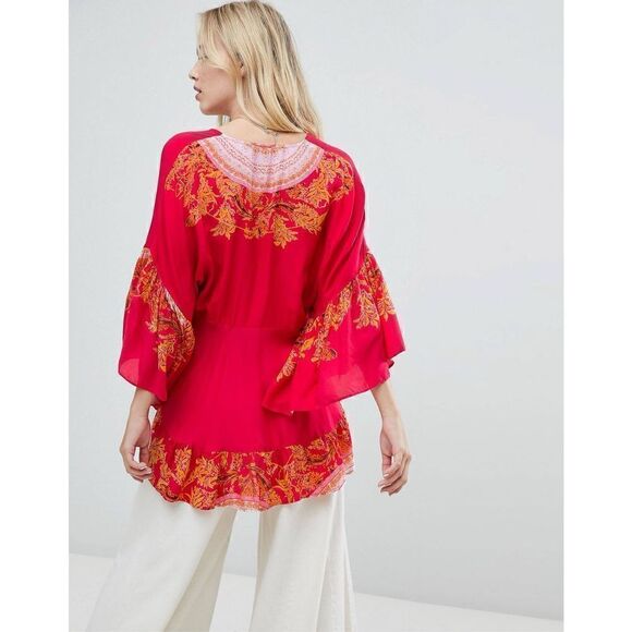 Free People Sunset Dreams printed flare sleeve blouse sz Small red - Picture 2 of 16